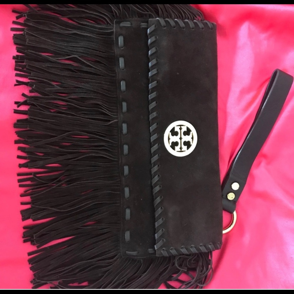 Chocolate brown suede clutch w/ fringe